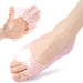  flexible pink silicone foot sleeve held in hand showing stretch