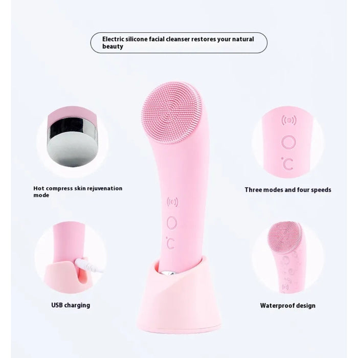 Digital Shoppy Silicone Face Cleansing Brush Facial Cleansing Brush Electric Facial Brush Vibration Heating -Pink