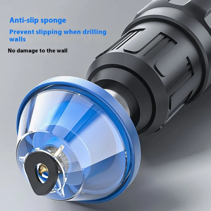 Drill dust cover accessory in use—close-up view of electric drill against a wall, fitted with a blue anti-slip sponge pad; promotional text highlights its benefits: “Anti-slip sponge,” “Prevent slipping when drilling walls,” and “No damage to the wall.” Ideal for protecting surfaces during indoor wall drilling – 1600006963727 13240327.