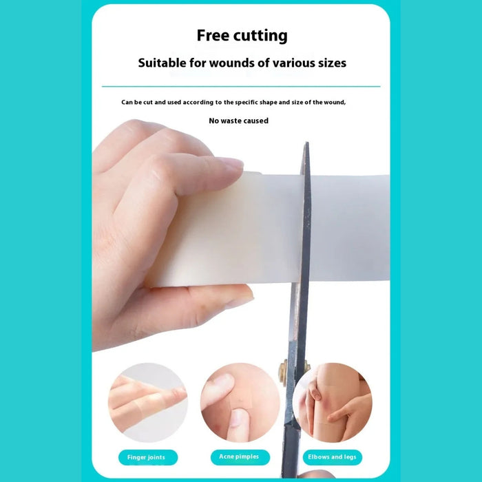 Hand cutting hydrocolloid tape for finger joints, acne spots, and elbows, showcasing flexible wound coverage