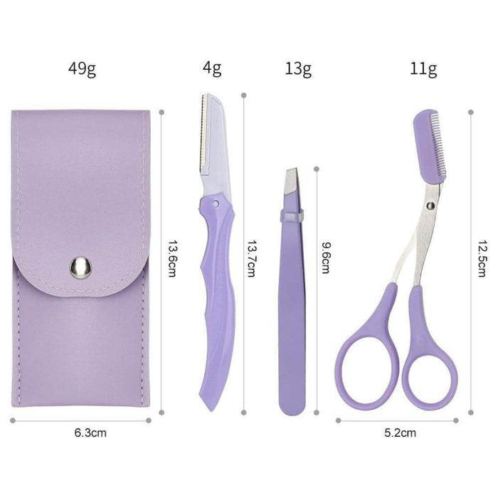 Eyebrow grooming kit purple pouch scissors razor tweezers with dimensions and weights shown