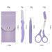 Eyebrow grooming kit purple pouch scissors razor tweezers with dimensions and weights shown