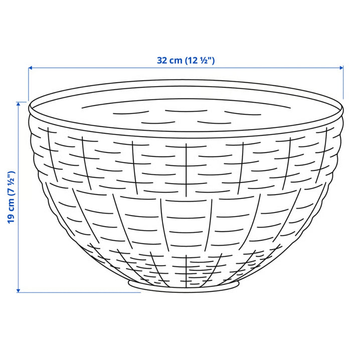 Line drawing of a woven-style bowl with dimensions labeled: 32 cm (12 ½ inches) in diameter and 19 cm (7 ½ inches) in height, ideal for stylish and functional storage.-10591422