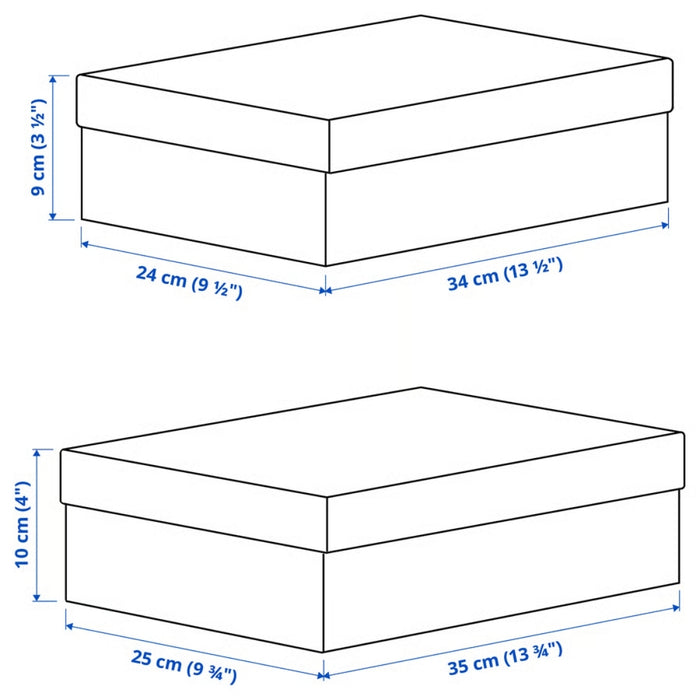 IKEA RÄTTAREN storage box set—two rectangular boxes with polka dot design shown with dimensions: top box measures 24 cm × 34 cm × 9 cm (9½" × 13½" × 3½"), bottom box measures 25 cm × 35 cm × 10 cm (9¾" × 13¾" × 4"). Ideal for organizing small items with a stylish monochrome pattern – 90597986.