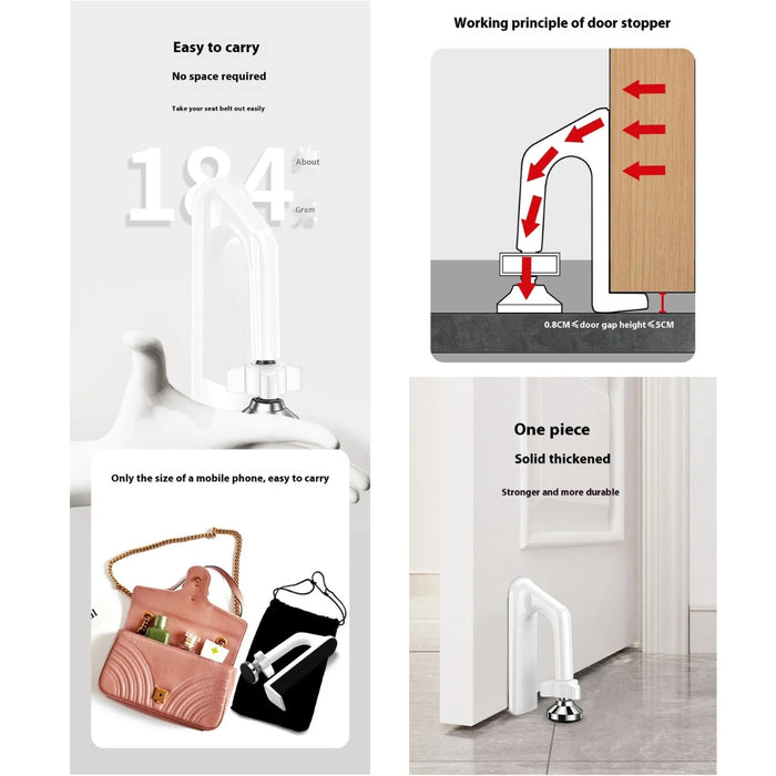 Left panel shows compact design with a hand holding the stopper and mentions its weight (~184g), comparing its size to a mobile phone for portability.

Top right panel illustrates the stopper’s working principle with door gap height specification (0.8 cm–5 cm).

Bottom right panel highlights its solid, thickened build while positioned under a door for enhanced durability and security – 1600003772922 13245865.