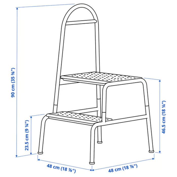 Diagram of BÄSINGEN 2-step stool with handrail showing dimensions: height 90 cm, top step 46.5 cm, bottom step 23.5 cm, width 48 cm. Features perforated steps and curved top handle.– 30595754