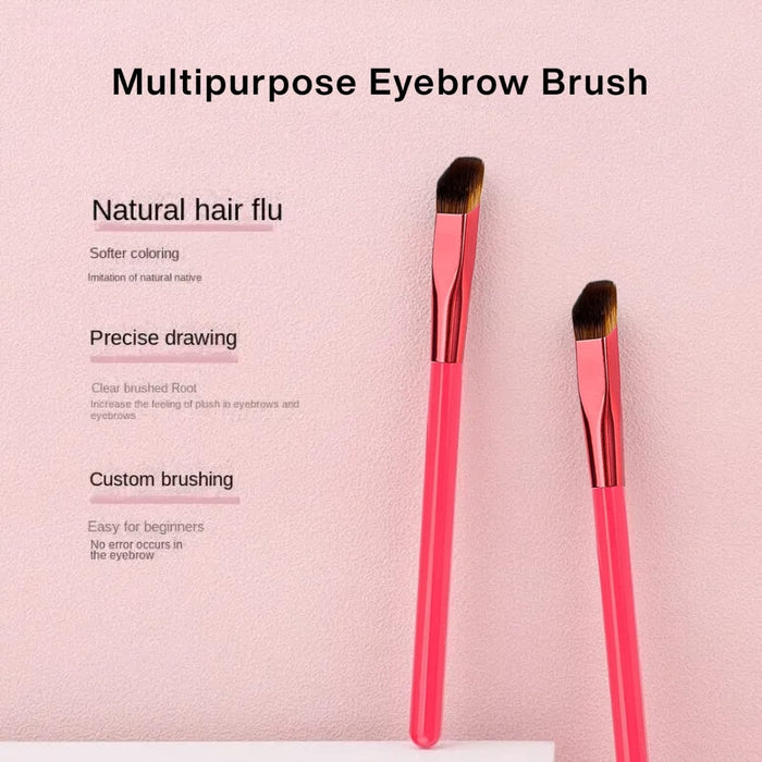 Two red multipurpose eyebrow brushes shown with labeled benefits – natural hair flu, precise drawing, and beginner-friendly design – 1598453751840 14041847