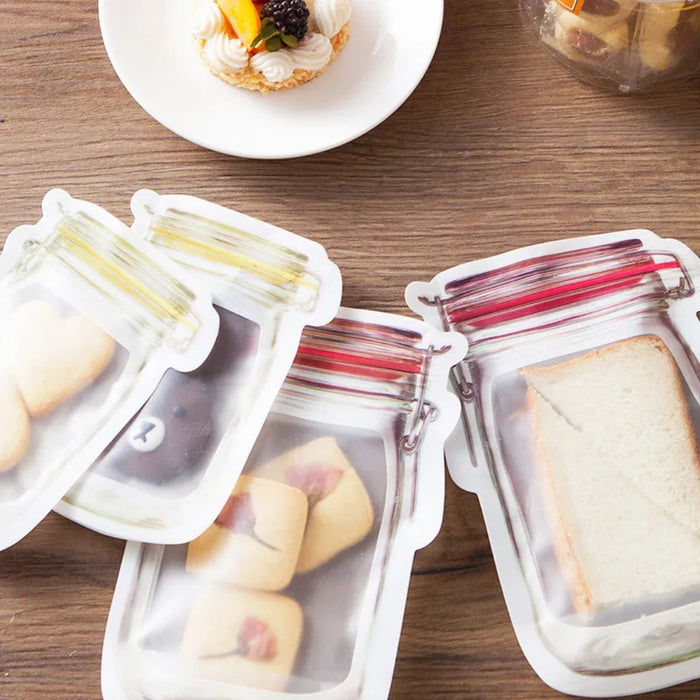 Digital Shoppy reusable snack bags – tabletop display with cookies, berries, bread in mason jar-style pouches
