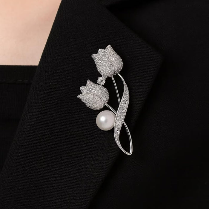 Digital Shoppy Silver Tulip Brooch – Micro-Inlaid Zircon, Elegant & High-End Design