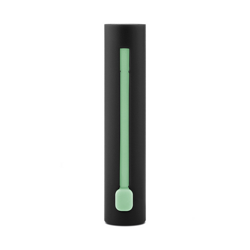 Mint green straw in a black holder on a white background