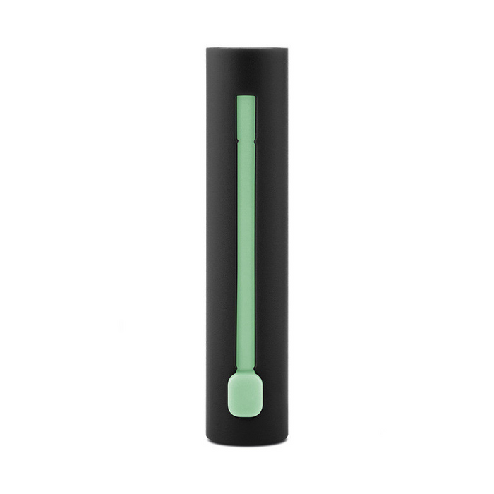 Mint green straw in a black holder on a white background