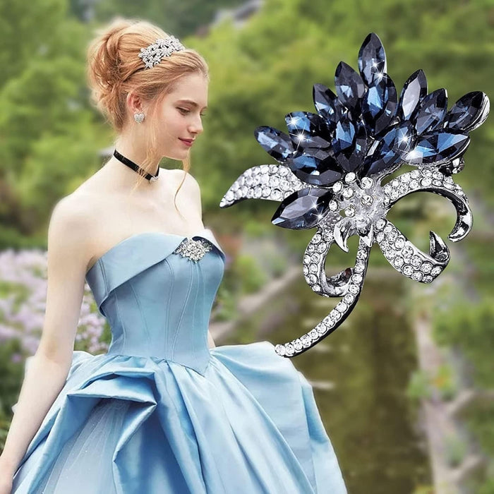 Crystal brooch – worn with strapless gown and jeweled headband in garden setting