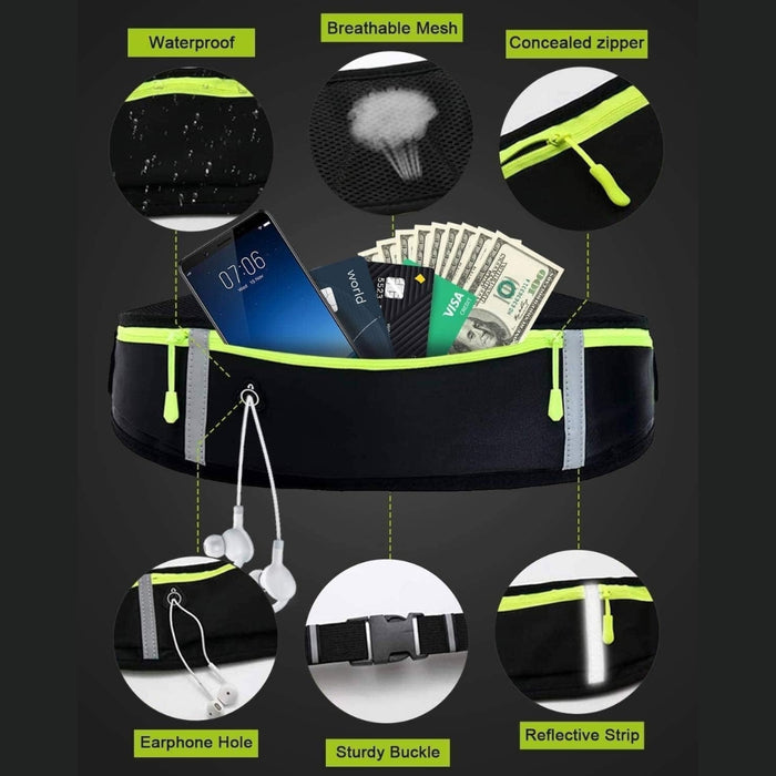 Waterproof running belt – black with neon green accents, feature callouts: waterproof, breathable mesh, concealed zipper, earphone hole, reflective strip