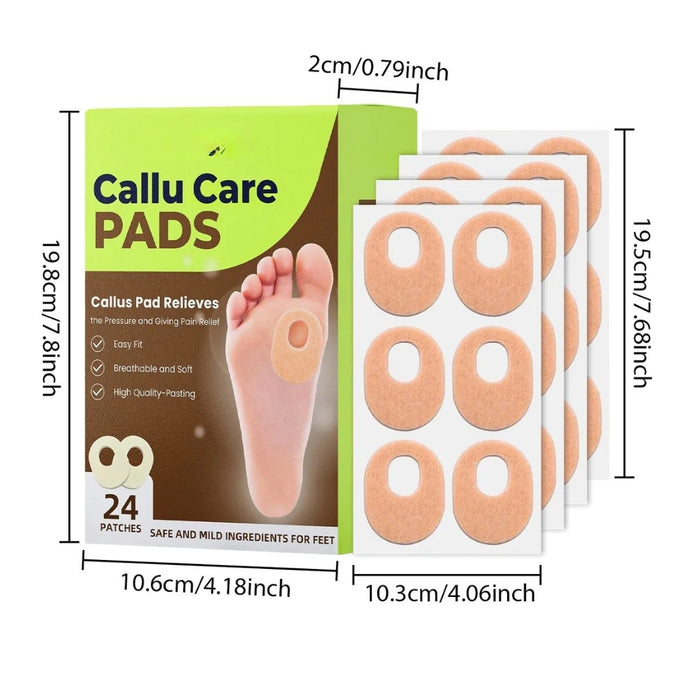 Digital Shoppy Callu Care Pads – 24 oval pads with packaging and detailed dimensions of box, sheets, and individual patch