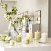 A stylish home decor setup featuring a transparent glass vase with water, holding a fresh branch with green leaves and delicate white flowers. Surrounding the vase are elegantly placed scented pillar candles in glass containers, emitting a soft, soothing glow. Nearby, a plate holds two green apples, one sliced in half, enhancing the fresh and inviting ambiance.-90582065