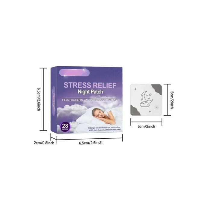 Stress relief night patch packaging with dimensions on a white background