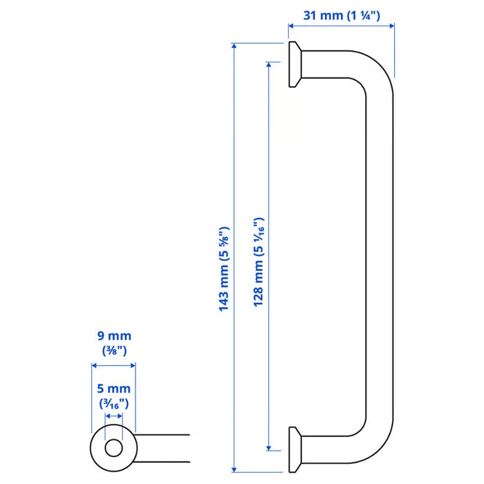 Measurement diagram of a curved metal rod with dimensions labeled