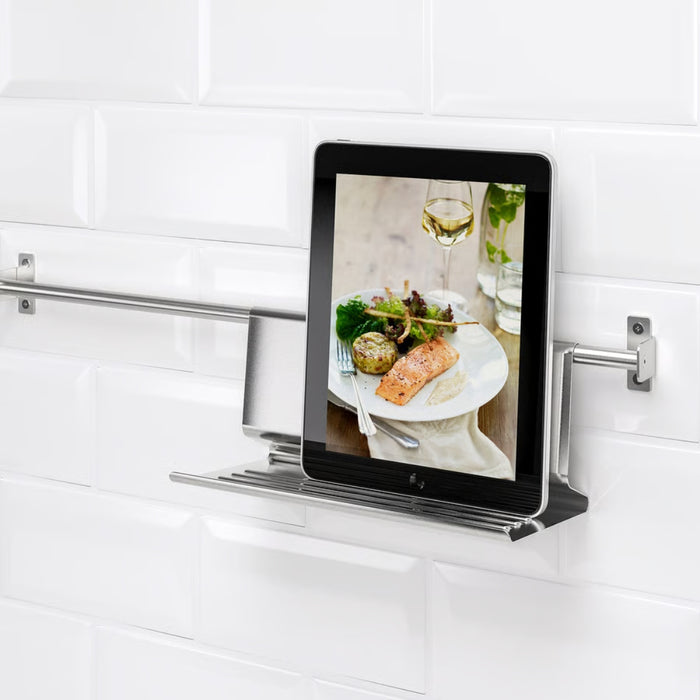 IKEA KUNGSFORS Rail with 5 hooks and tablet stand, stainless steel, 56 cm (22 ")