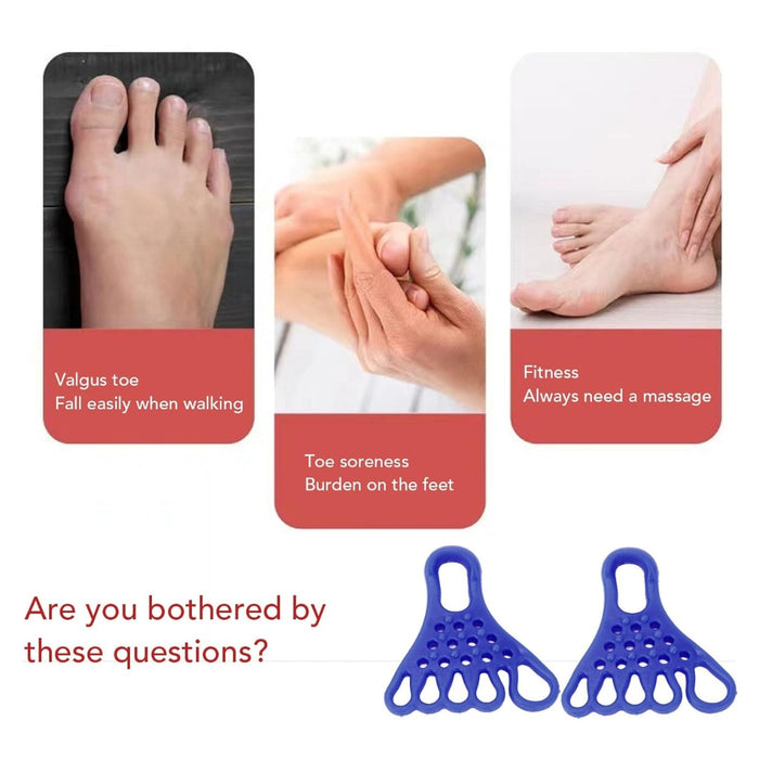 Blue toe orthosis – collage showing bunion, soreness, and massage needs with toe separator as suggested solution