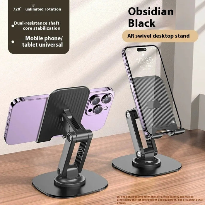 Two mobile phones mounted on black AR swivel desktop stands with dual-resistance shaft design—marketed as “Obsidian Black” and offering 720° unlimited rotation, universal for phones and tablets – 1600006845076 13109076.