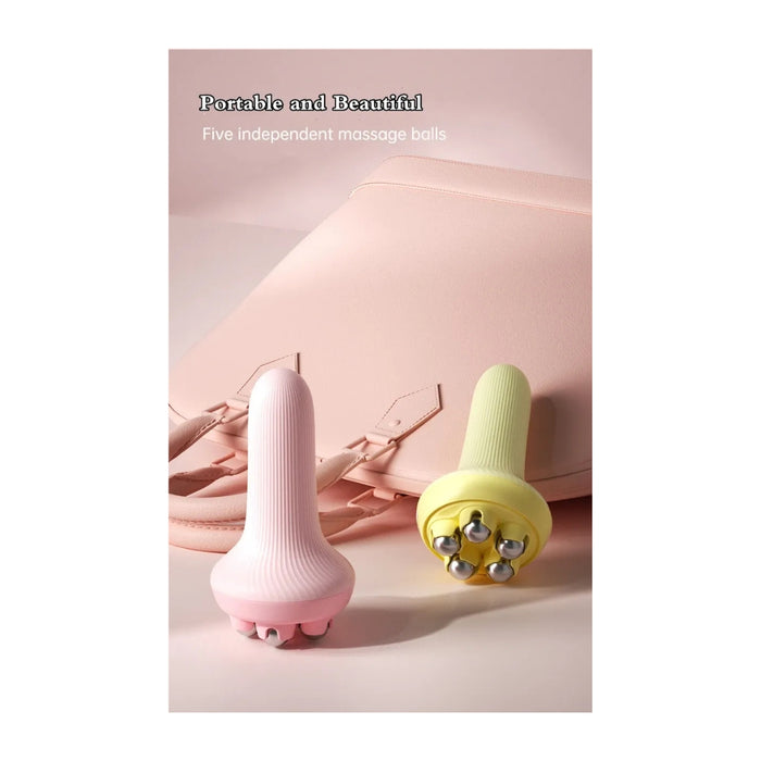 Two massage balls, one pink and one yellow with silver nodes, on a pink background.