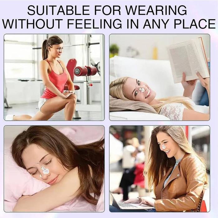 Nose Bridge Lifter – Non-Surgical Shaping Clip, Comfortable Fit, lifestyle collage showing use during gym, sleep, and commute
