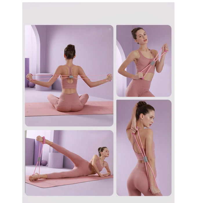Woman using resistance bands in various exercises on a light purple background