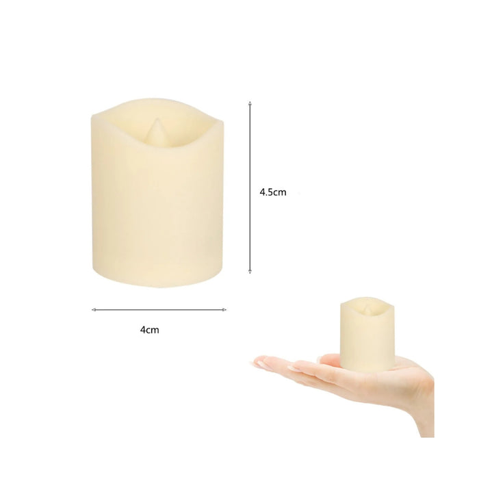 White candle with dimensions indicated and a hand holding another candle for scale on a white background