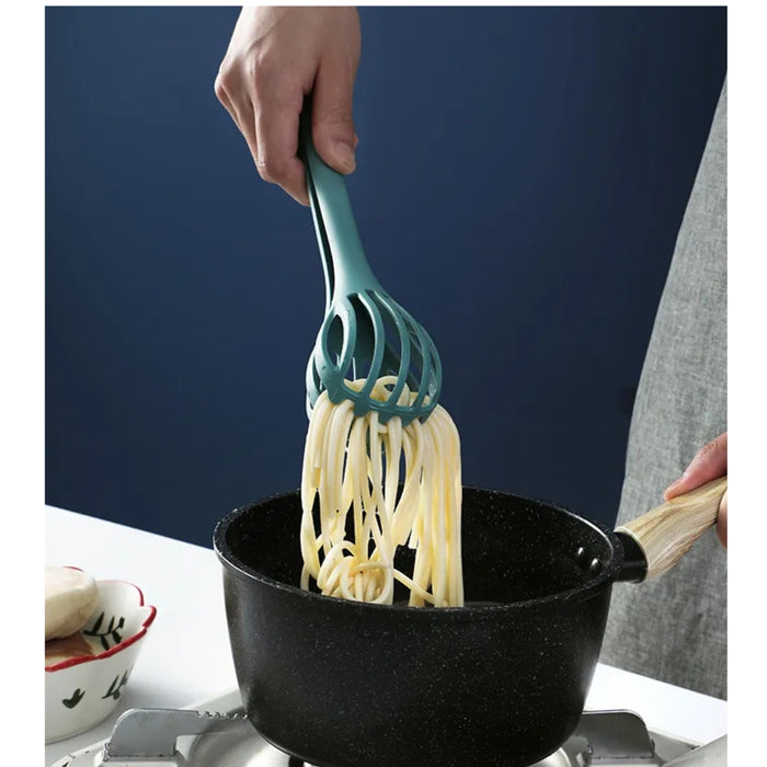 Teal spaghetti server lifting noodles from pot, showcasing ergonomic prongs and heat-resistant build
