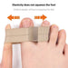 Close-up of a foot wearing a beige silicone elastic breathable split toe artifact. The stretchy band gently separates the toes, providing comfort, alignment, and pressure relief.