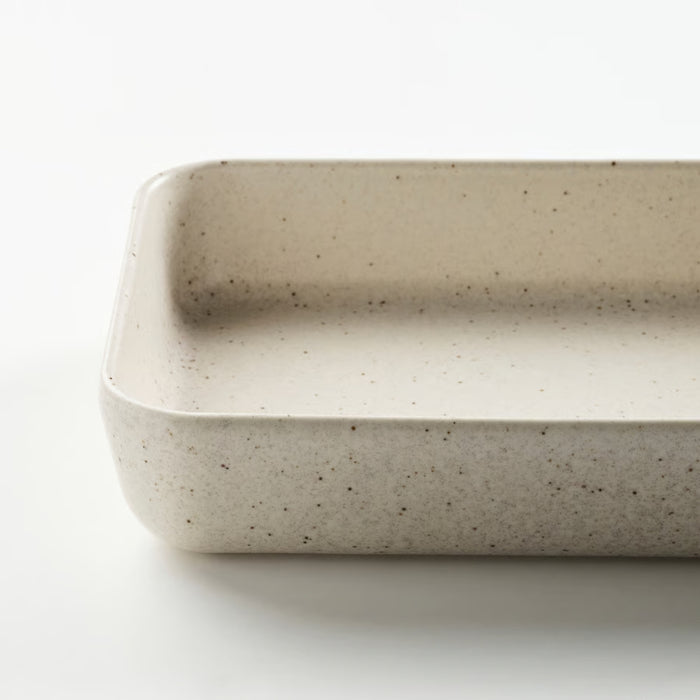 IKEA LYCKAD Oven/serving dish set of 2, light beige/red-brown, close-up of speckled beige dish on plain background - 90607952