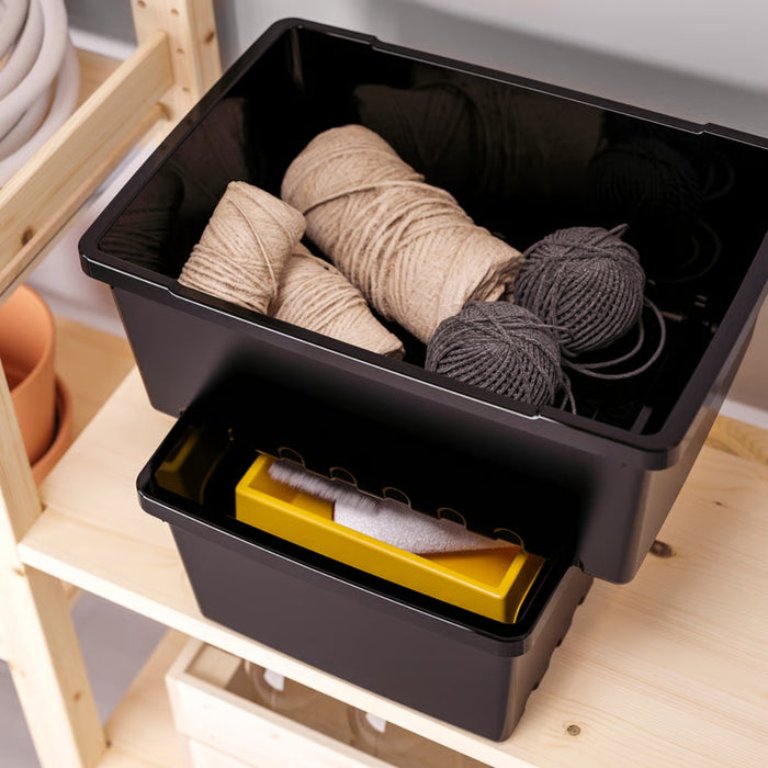IKEA UPPSNOFSAD Storage box with lid black, 35x25x14 cm/9 l with VIKFJÄRD Washcloth, white, 30x30 cm