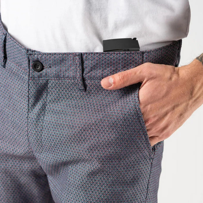 Black adjustable waist stretch buckle, ABS + metal; unisex clip-on for pants – shown open, closed, in use, and discreetly worn under waistband – 1598451446607, 13670679