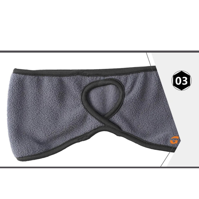 Gray fleece ear warmer with black trim on a white background