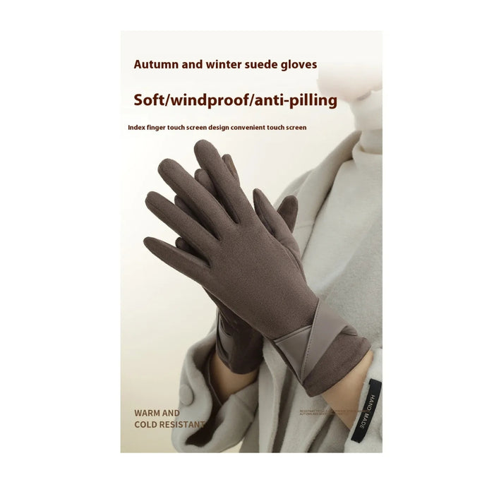 Brown suede gloves worn by a person with a light-colored coat on a white background, featuring text about glove features.