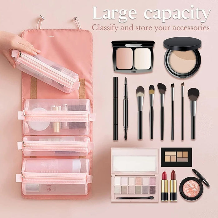 Digital Shoppy 4-in-1 Foldable Cosmetic Bag – Detachable Mesh Pouches for Women – Pink