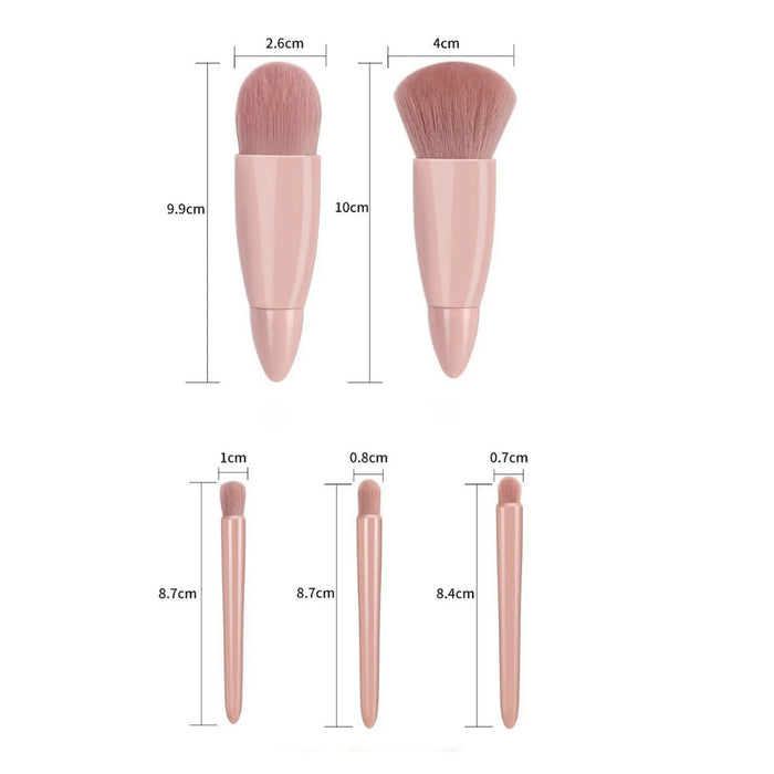 Set of makeup brushes with measurements on a white background