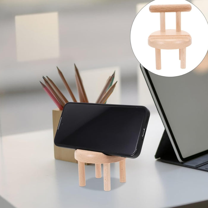 Smartphone placed horizontally on mini chair stand with inset close-up – creative desk accessory with natural wood design – 1598453326009 13953547