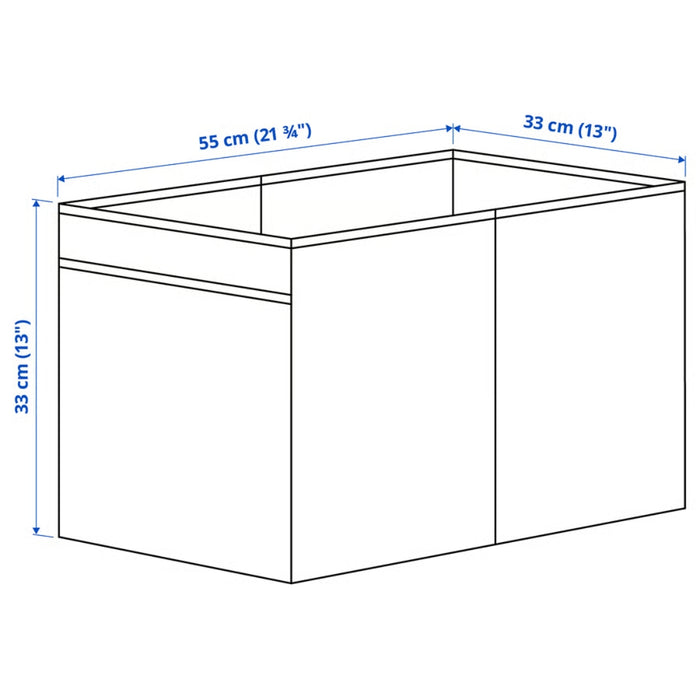 Line drawing of a rectangular object with dimensions labeled in centimeters and inches.