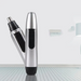 Silver and black electric nose hair trimmer on a white background