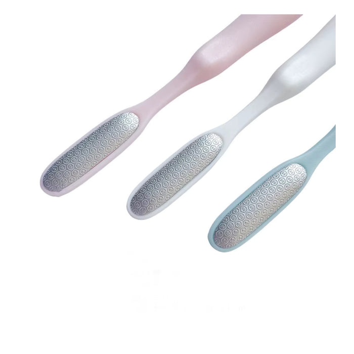 Three nail files with textured handles on a white background