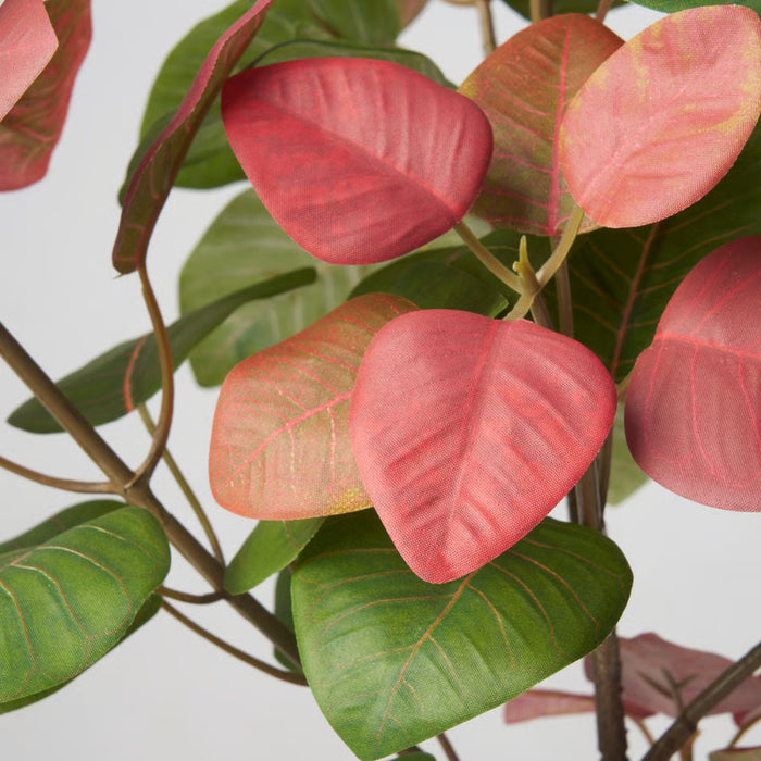 Close-up of the detailed, lifelike leaf texture and color gradients of the IKEA FEJKA artificial smoke tree.