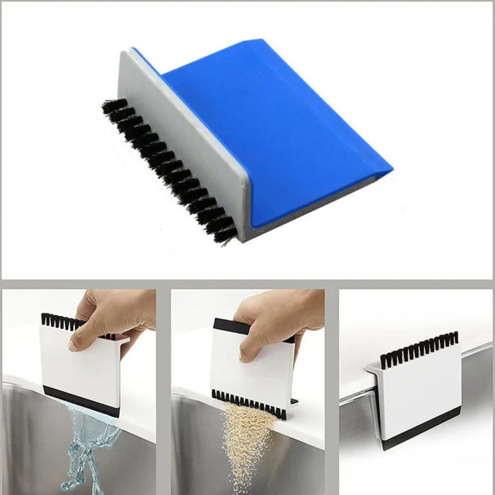 Cleaning brush with blue top and black bristles, used on glass and food surfaces.