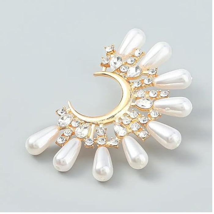 Digital Shoppy moon pearl earrings – gold-toned crescent earrings with white pearls and rhinestones on black fabric