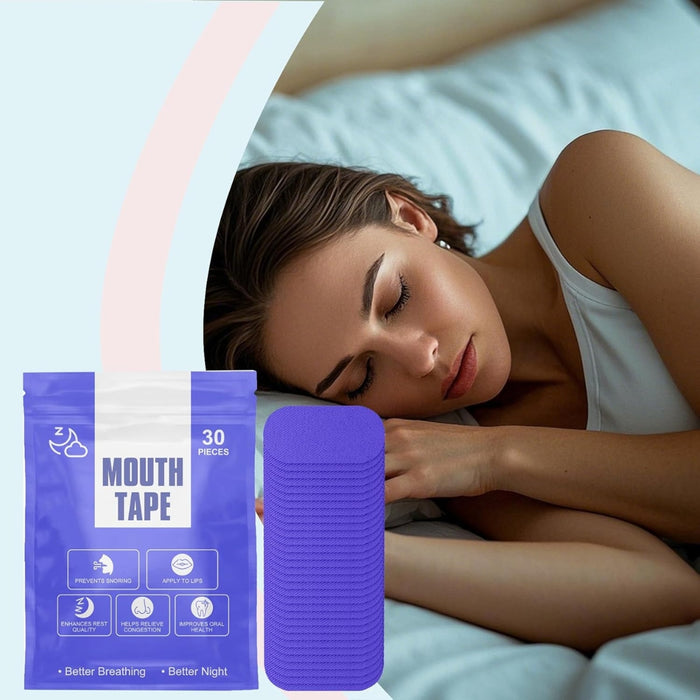 Woman sleeping beside blue-packaged mouth tape set, designed to reduce snoring and mouth breathing