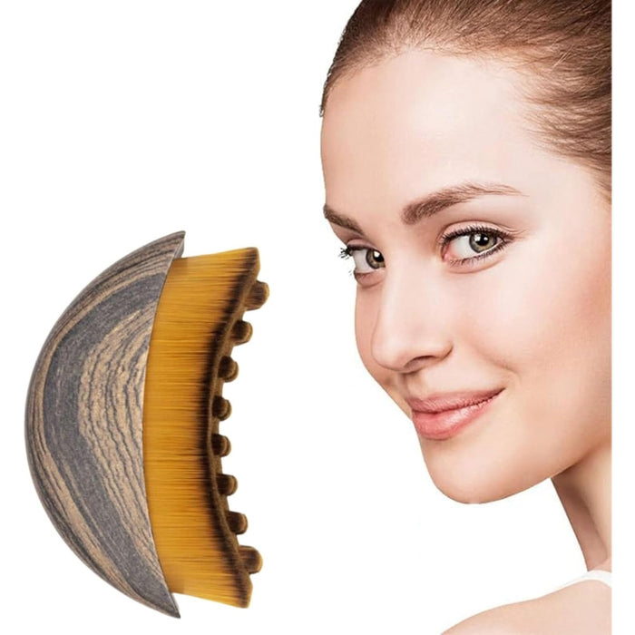 Digital Shoppy Lymph Contour Facial Lymph Massage Brush, shown beside model with clear skin and golden bristle detail