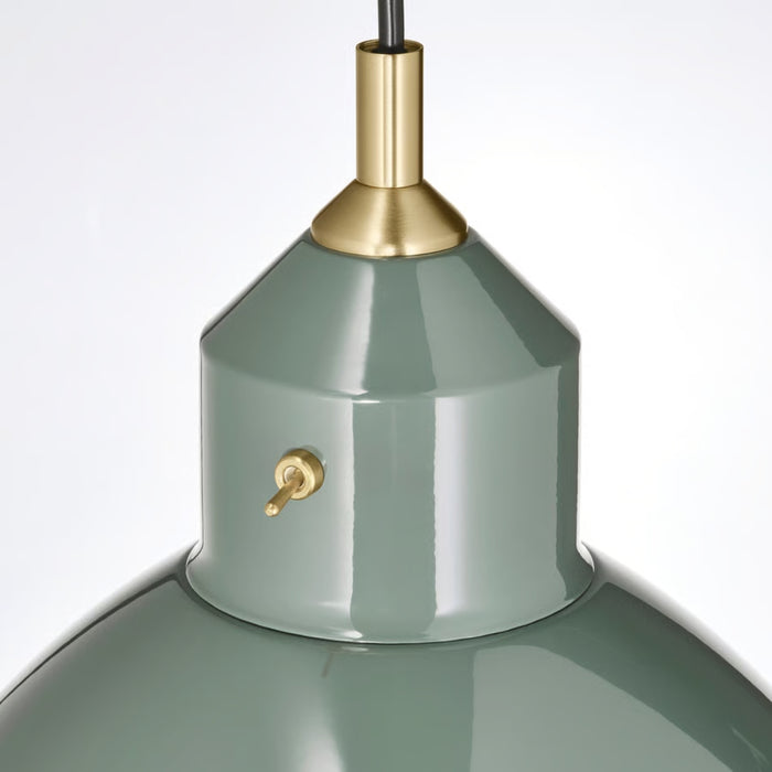 Ceiling canopy of RÖDFLIK lamp in glossy grey-green with brass cylindrical connector and black cord