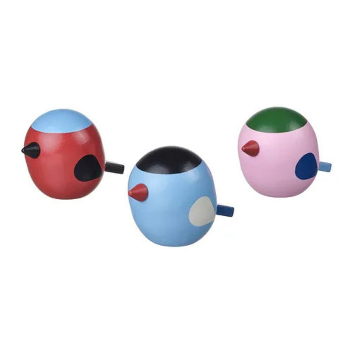 Three colorful bird-shaped objects on a white background