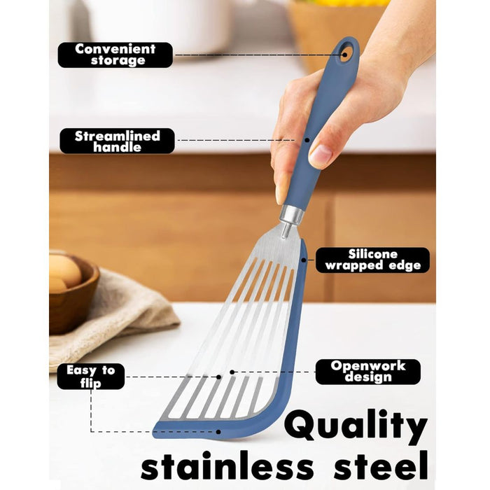 Digital Shoppy Stainless Steel/Silicon Cooking Shovel – Slotted Turner for Kitchen Use - Blue
