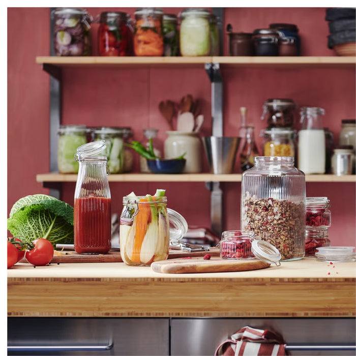 KÖSSEBÄR 1 l glass jar from IKEA on kitchen shelf with visible contents